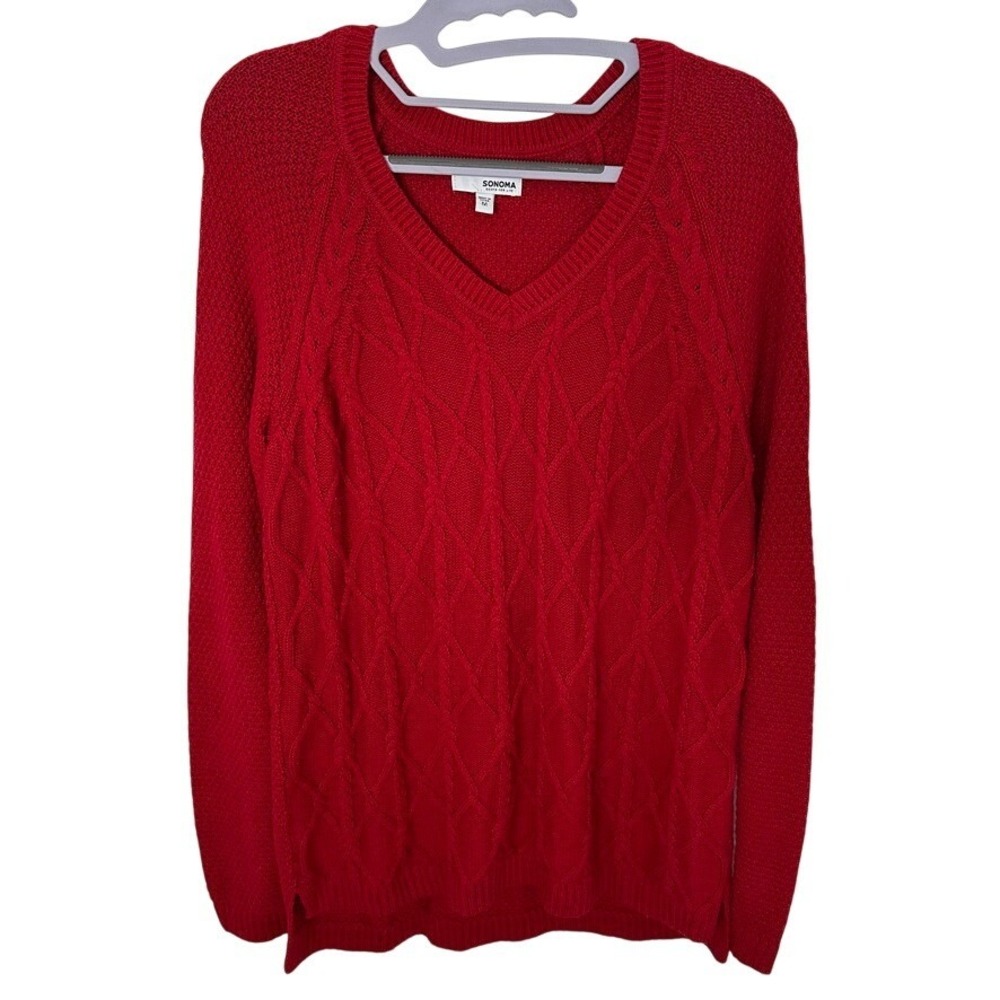 Sonoma Red Cable Knit V-Neck Sweater Womens Medium Cotton Blend Pullover